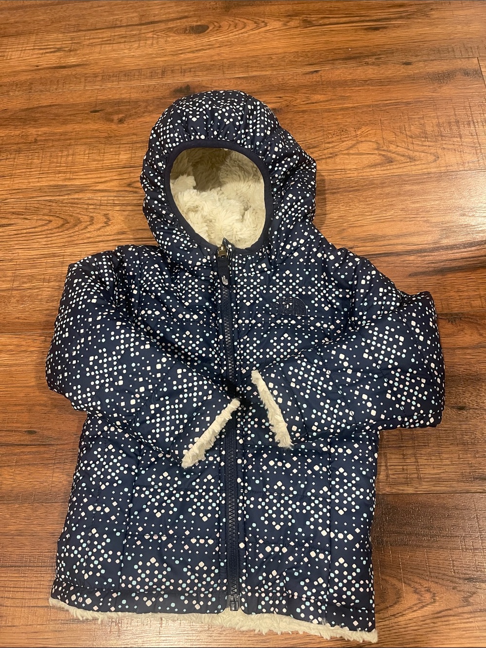 The North Face Navy Polka Dot Puffer Jacket with Faux Fur Hood
